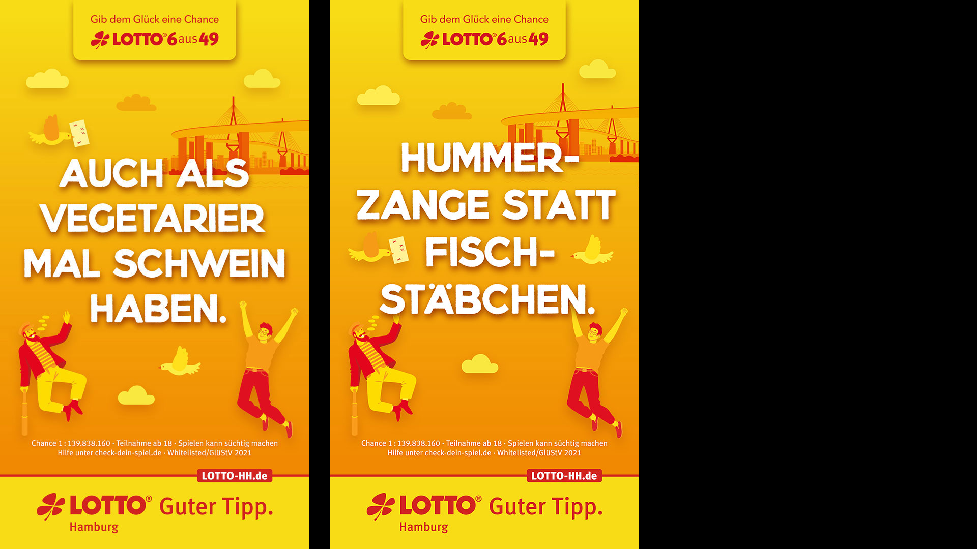 Zu sehen sind zwei Plakate mit den Überschriften: "Auch als Vegetarier mal Schwein haben." und "Hummerzange statt Fischstäbchen."